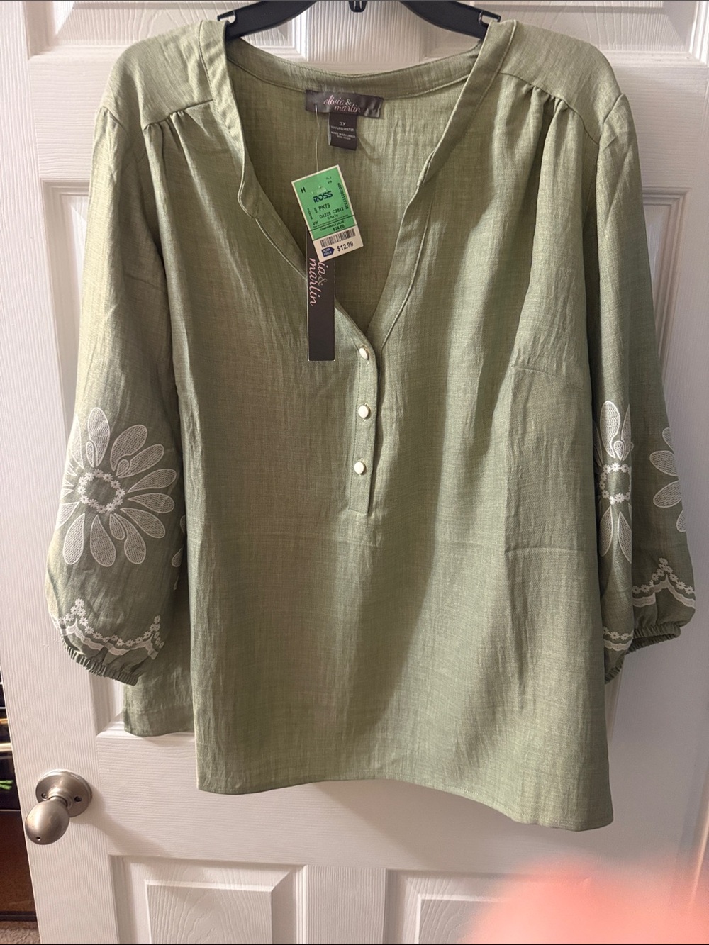 Embroidered Sage Green Peasant Tunic with Three-Button Placket